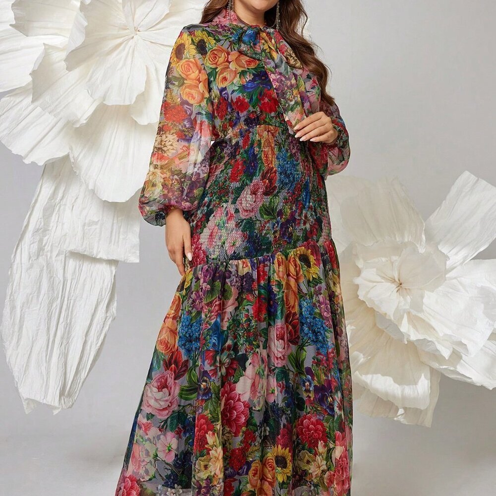 Multicolor Elegant Women's Plus Size Floral V-Neck Lantern Sleeve Maxi Dress - Picture 5 of 6